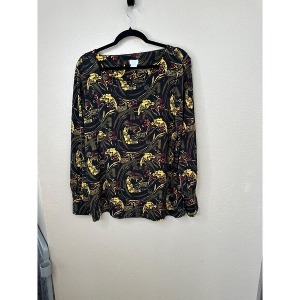 Chicos Womens black Yellow Blouse XL Long sleeve pullover round‎ neck polyester